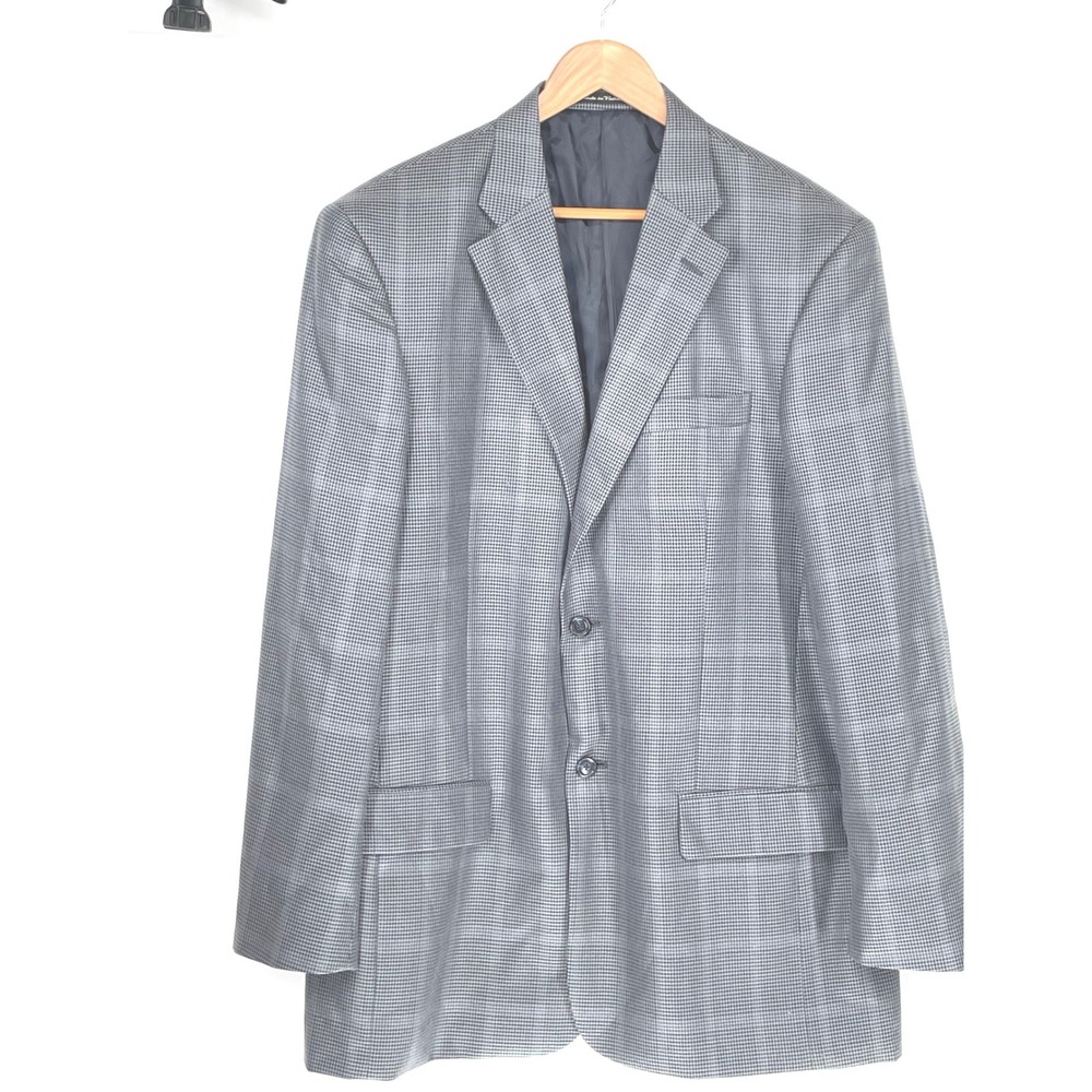 Lyle & Scott Mens Blazer 44L Sport Coat Grey Blue Silk Wool Bled Houndstooth